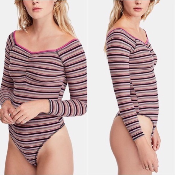 Free People Tops - FREE PEOPLE Women’s Stripe Bodysuit Black Combo